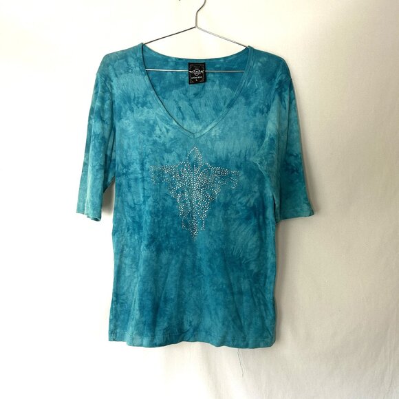 Sledge Usa Tops - Sledge Y2K Tie Dye V Neck Bling Top L Turquoise